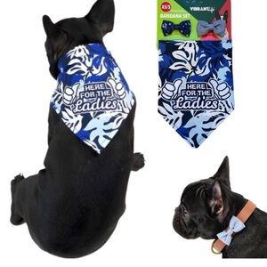 New Vibrant Blue Camouflage "Here For The Ladies" Dog Bandana & Bow Set